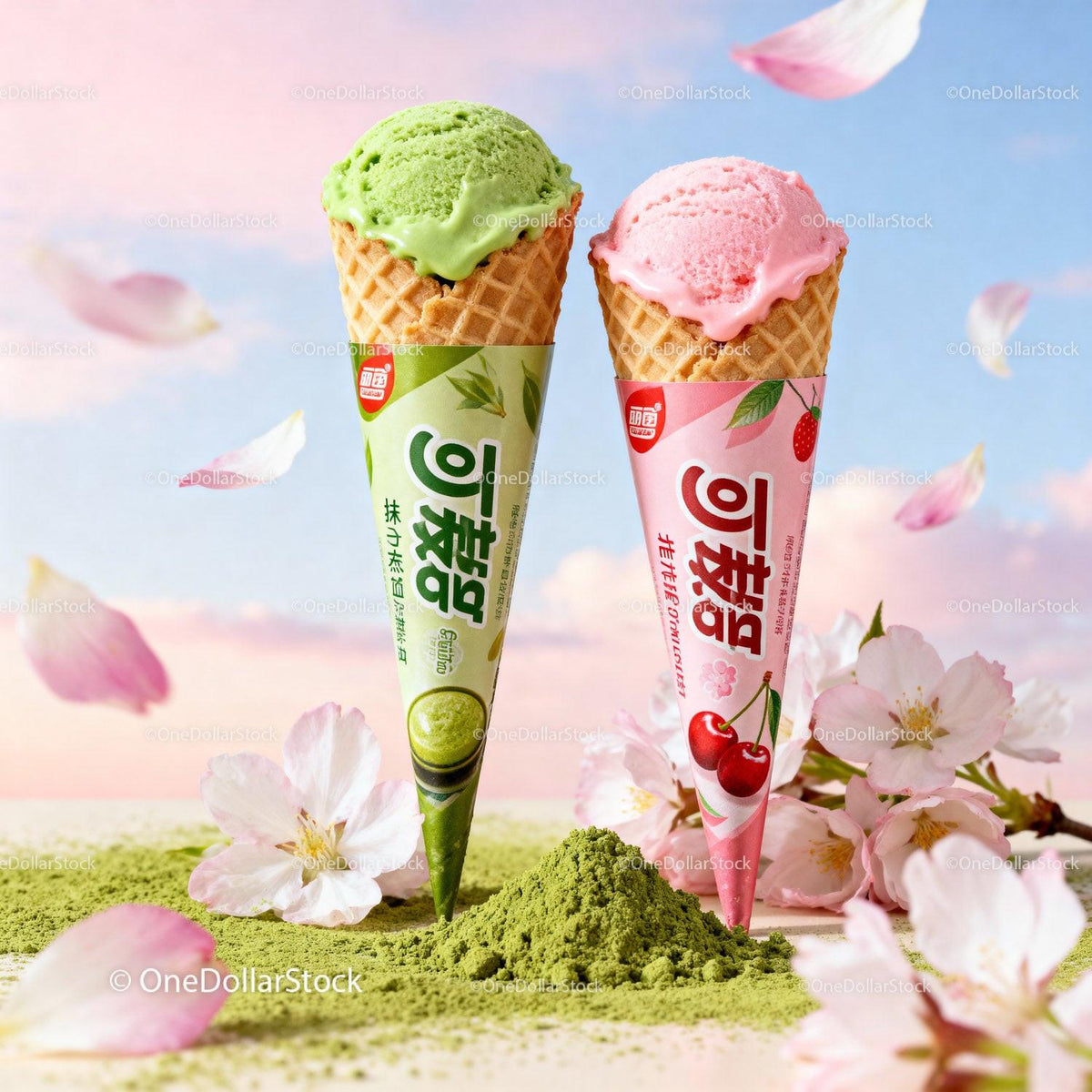 Matcha and Cherry Ice Cream Cones with Blossoms