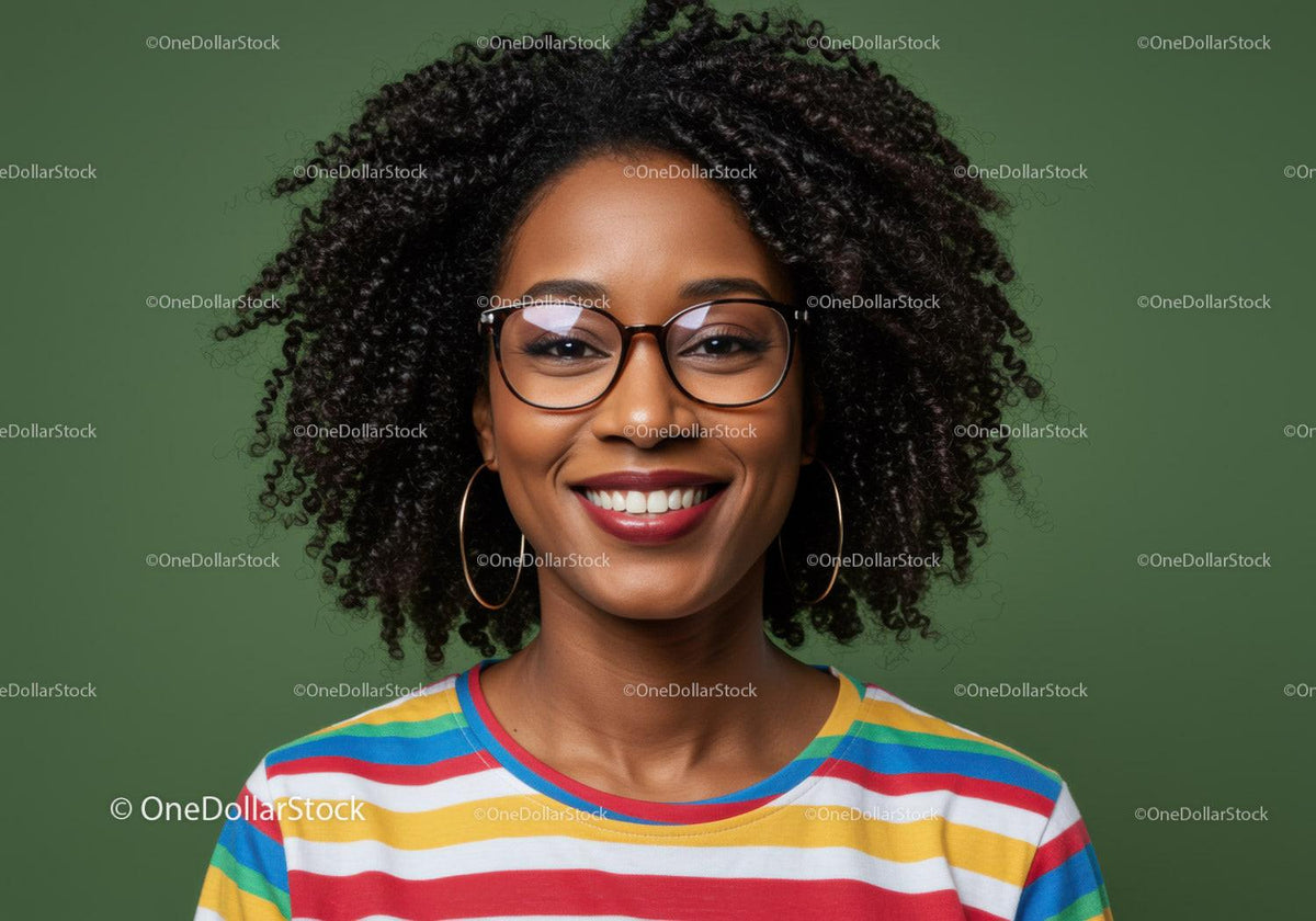 Vibrant Portrait of a Smiling Woman with Afro Hair and Glasses