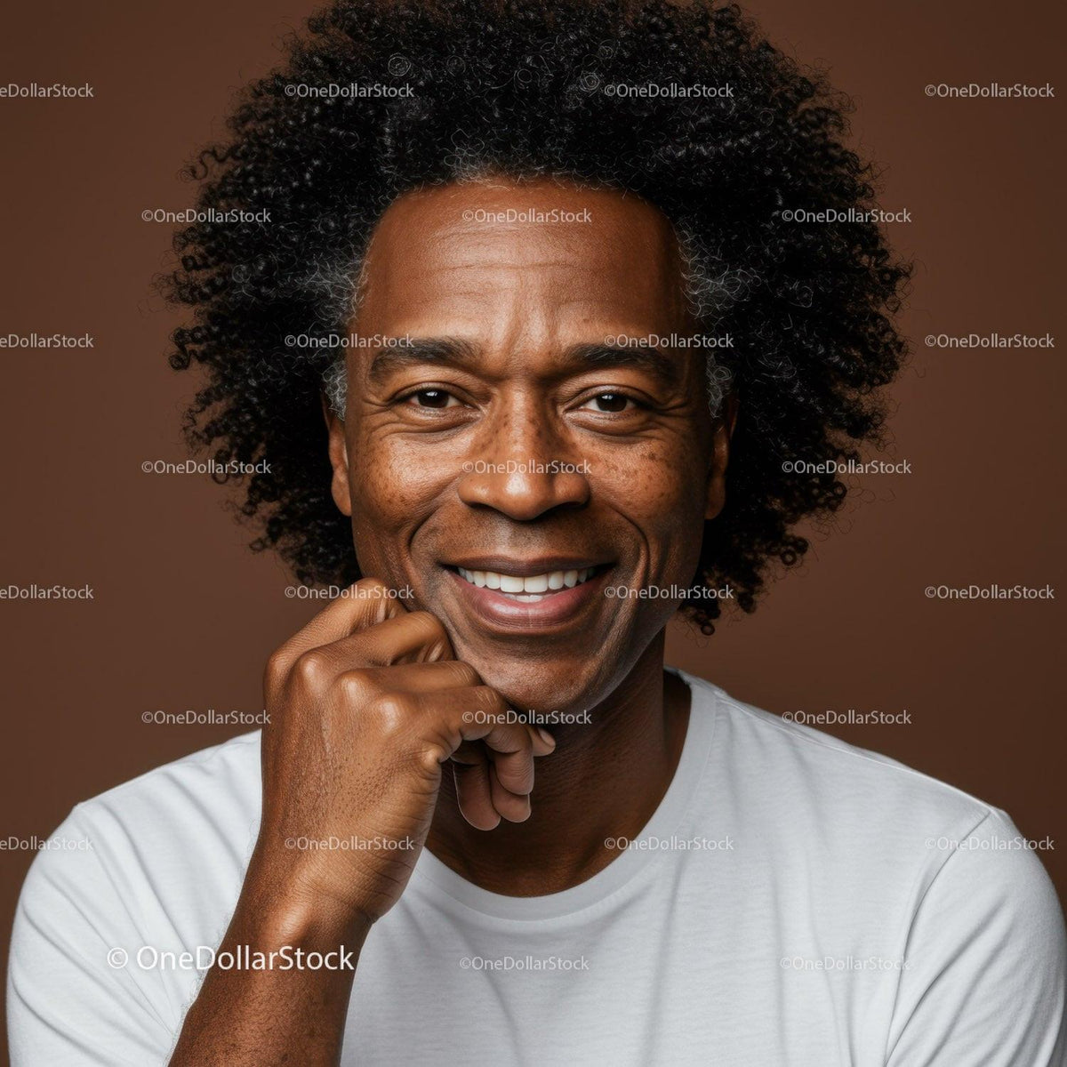 Confident Smiling Man with Curly Hair in Creative Studio Portrait