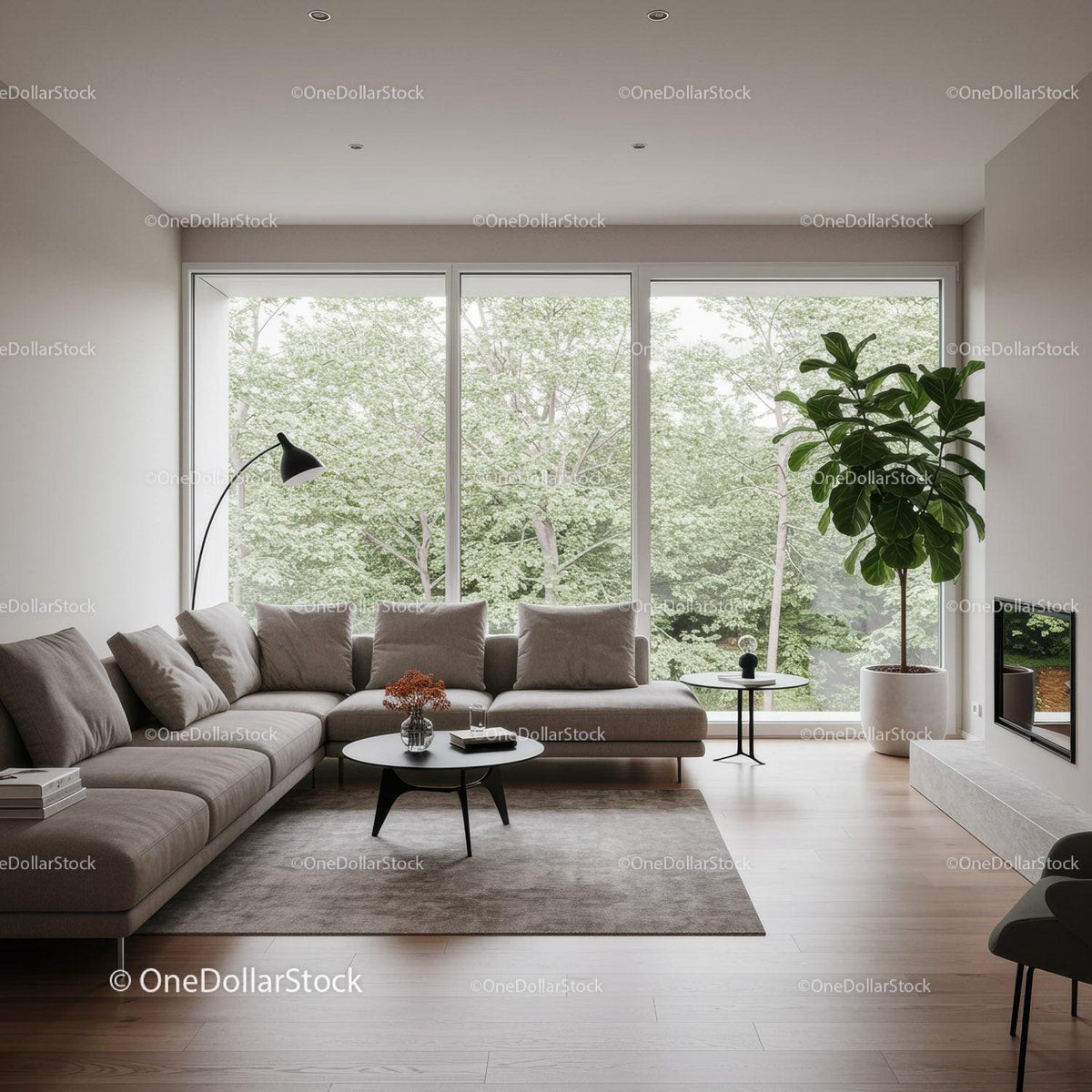 Modern Living Room with Large Windows and Floor-to-Ced Green View