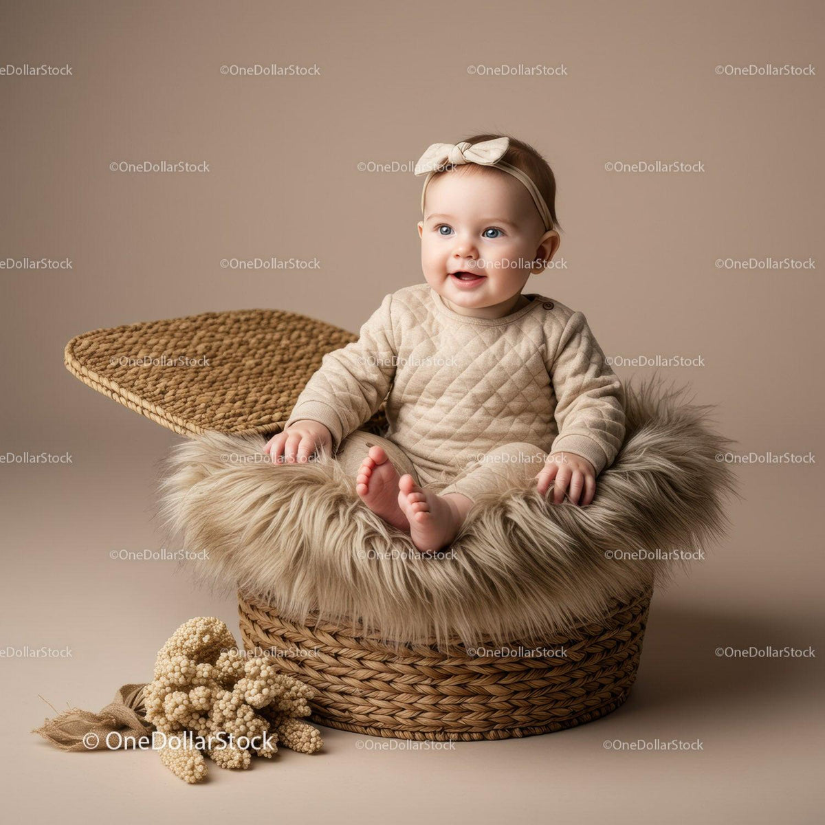 Smiling baby girl in cozy beige outfit sitting in basket