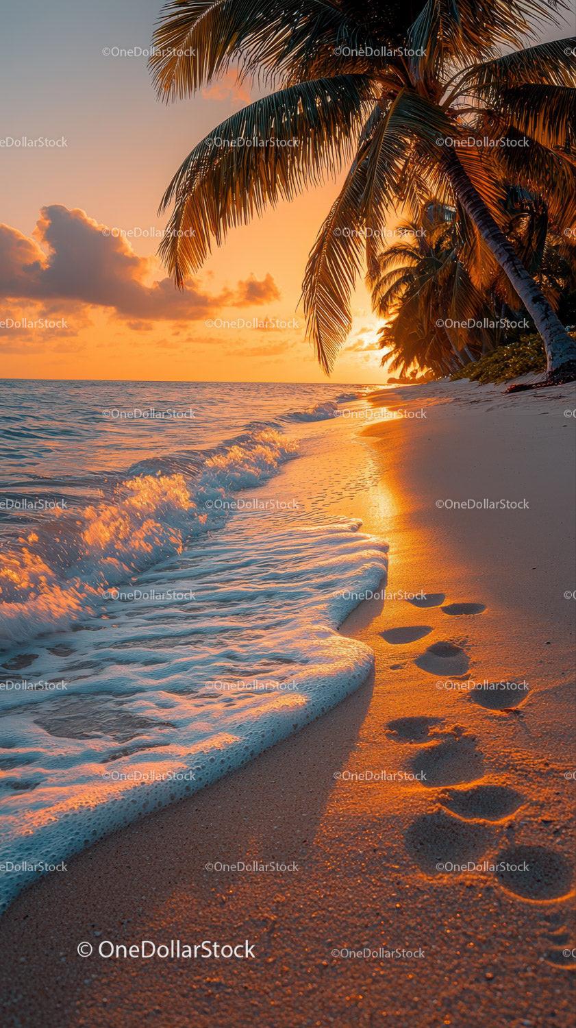 Sunset over Tropical Beach with Palm Trees and Ocean Waves