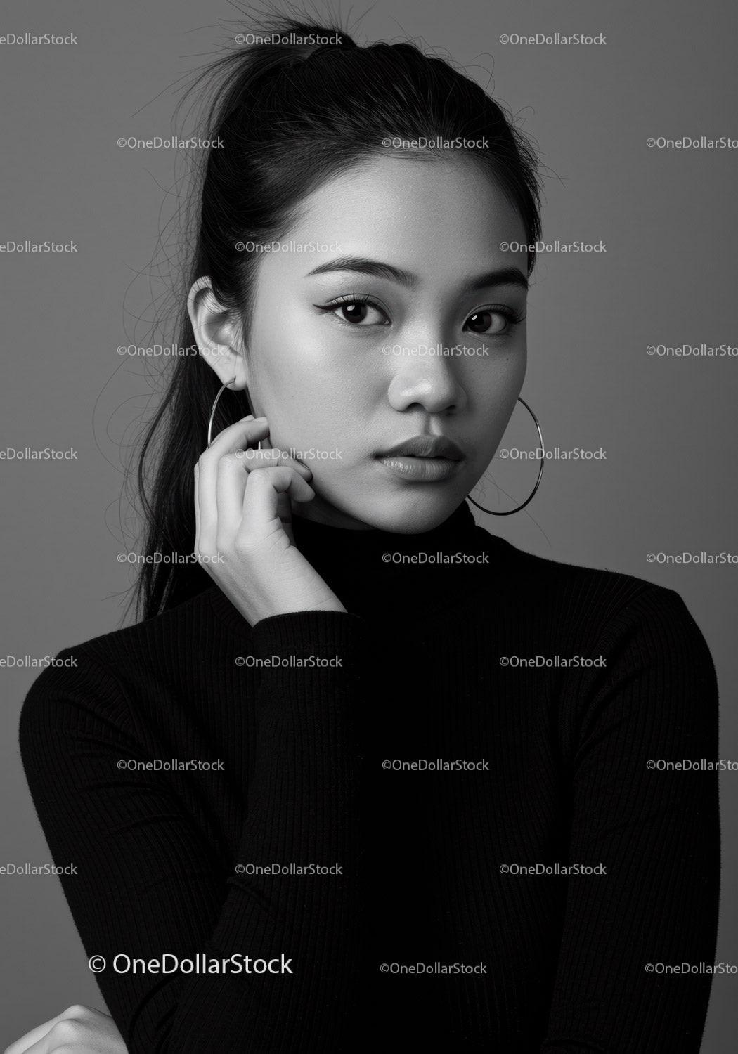 Black and White Portrait of an Elegant Woman with Hoop Earrings