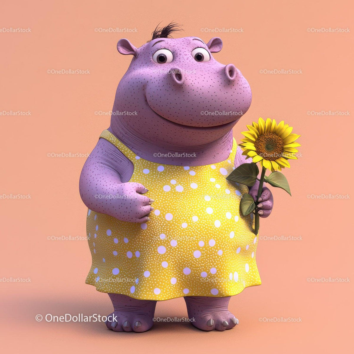 Purple cartoon hippopotamus in yellow polka dot dress holding sunflower