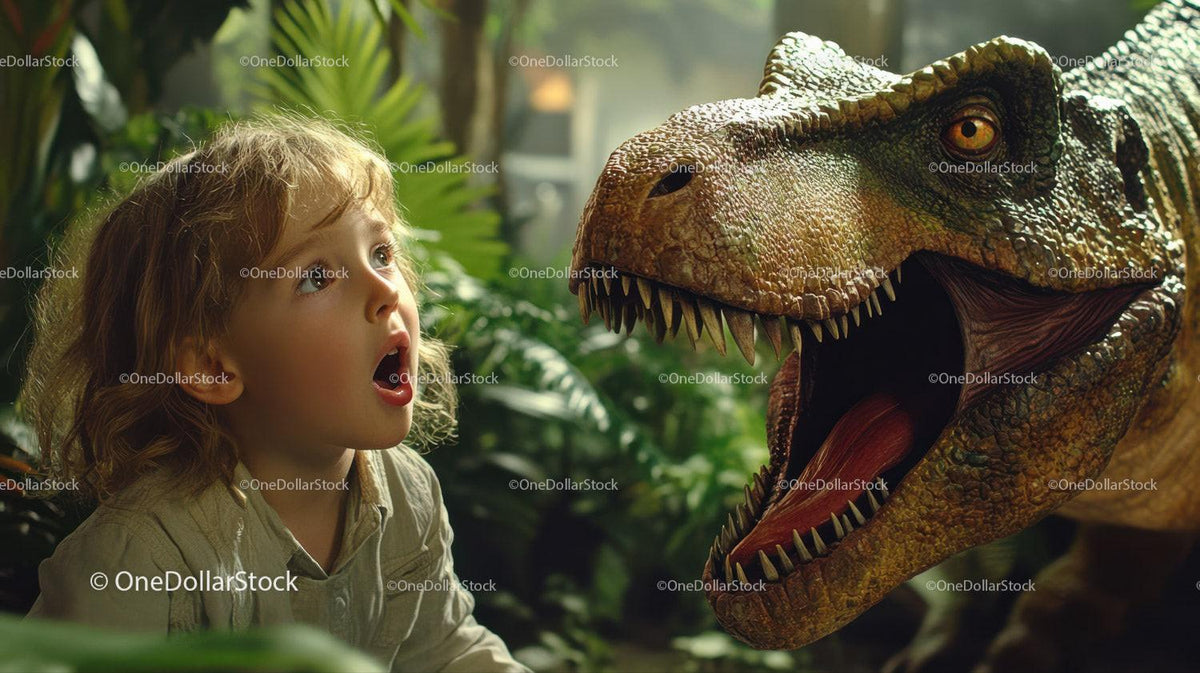 Young child with curly hair looking surprised at large dinosaur head with sharp teeth