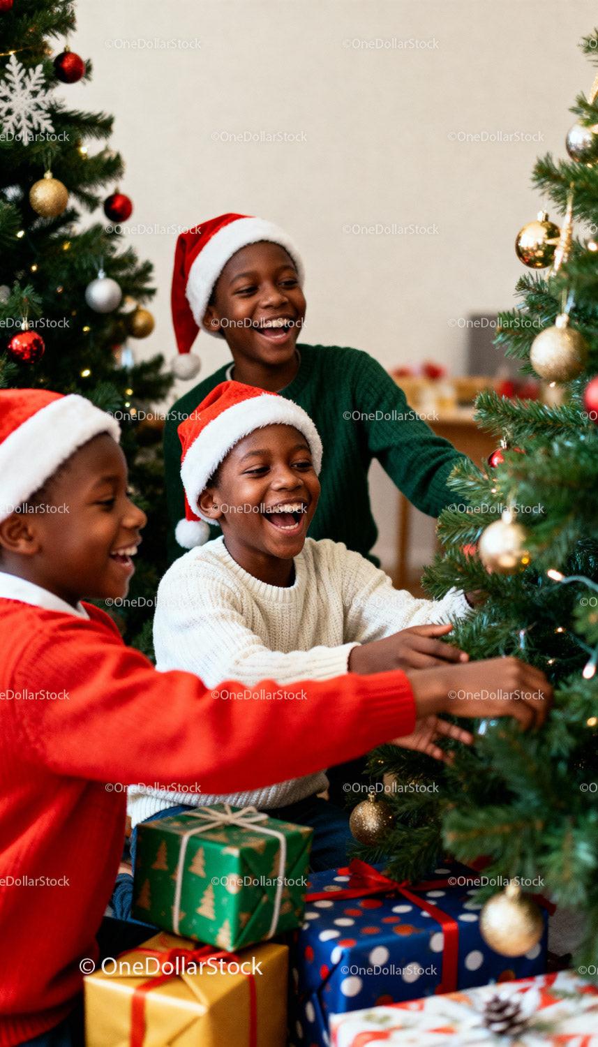 Joyful children decorating Christmas tree together
