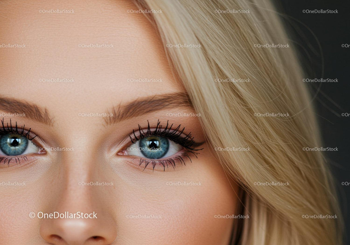 Close up of blue eyes and blonde hair with detailed makeup
