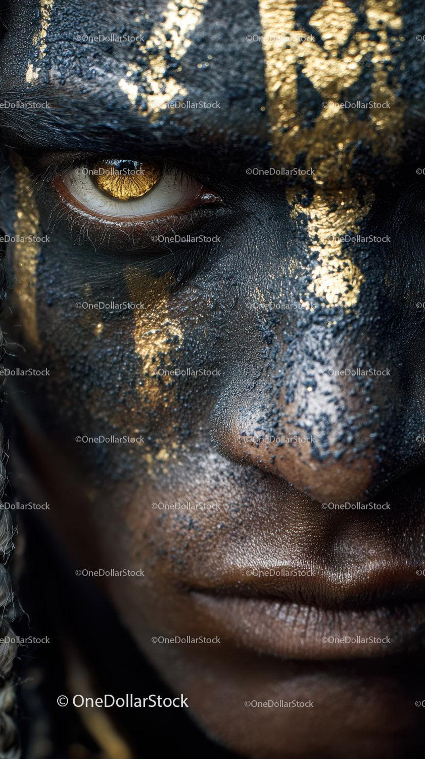 Close-up of An African Tribal Face with Gold Metallic Body Art Stock Photo Bundle preview 31