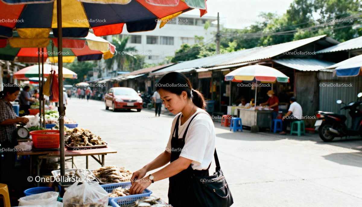 Young woman shopping for fresh seafood at outdoor market
