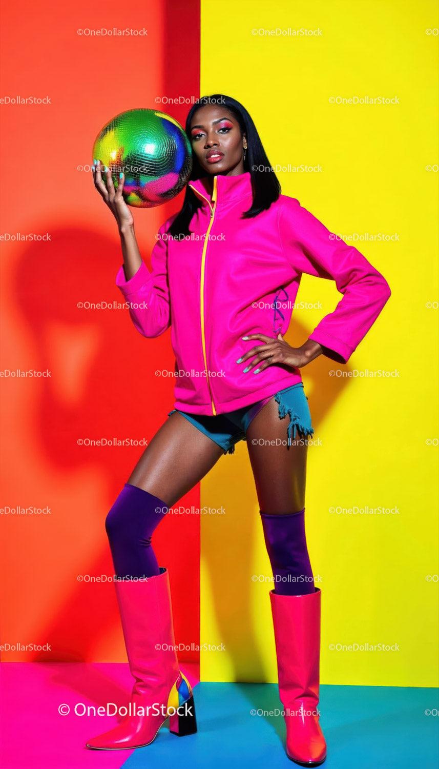 Vibrant Fashion Portrait of a Confident Woman with Metallic Ball