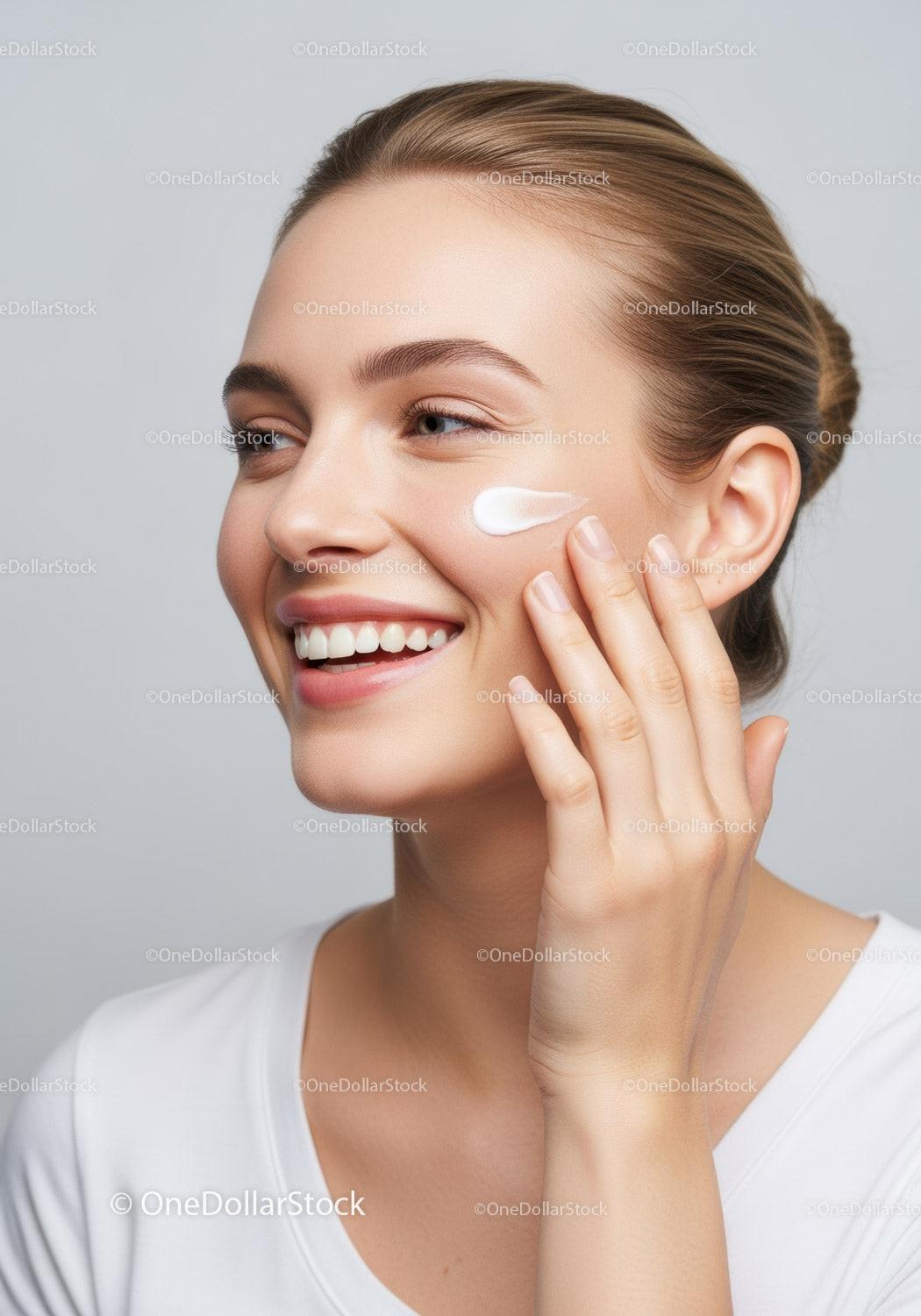 Smiling Woman Applying Skincare Cream on Cheek for Healthy Glowing Skin