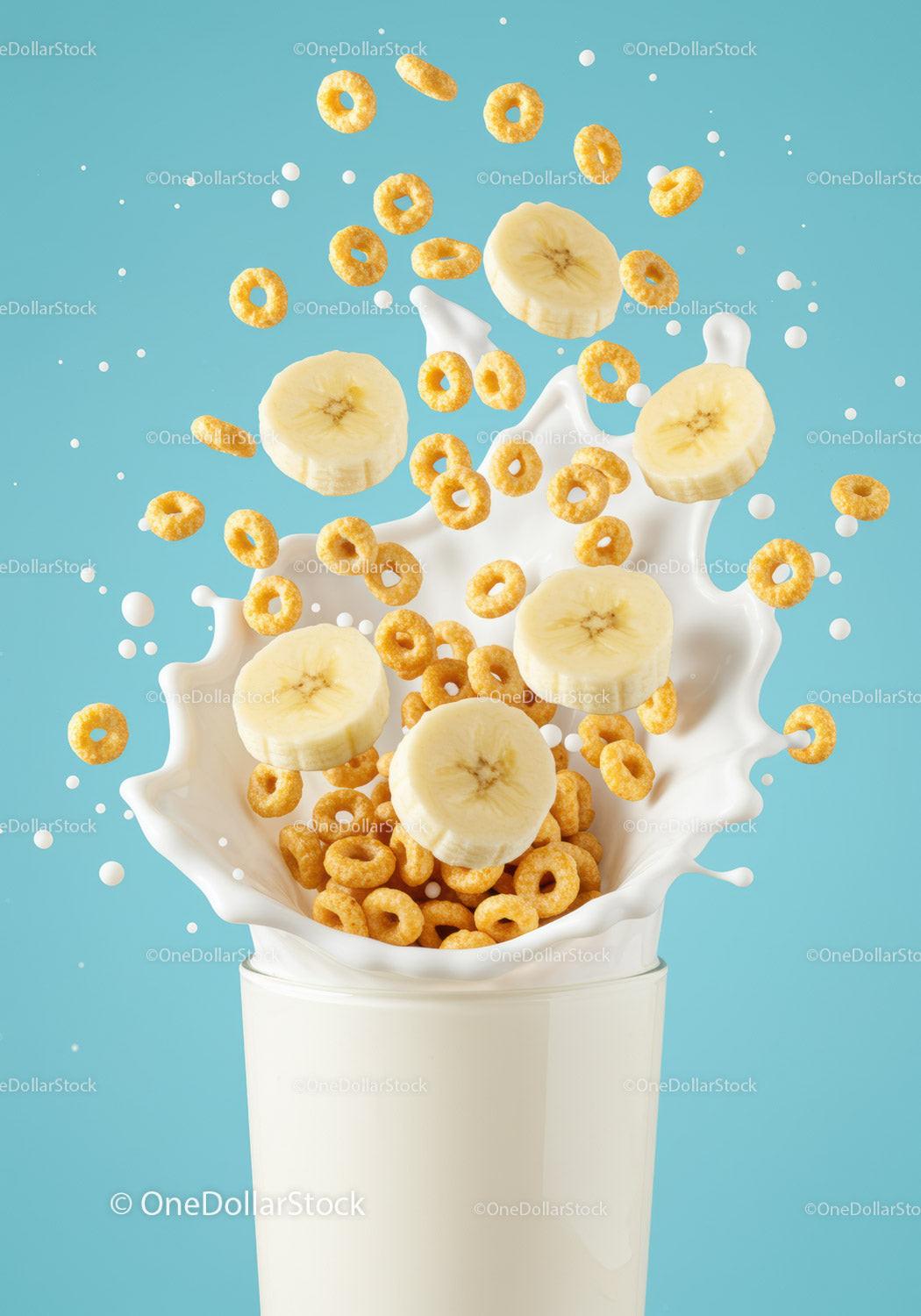 Banana slices and cereal splashing into milk glass