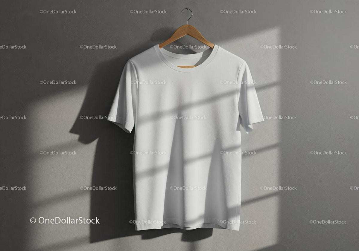 Plain white t-shirt hanging on wooden hanger against wall JPG Mockup Image preview