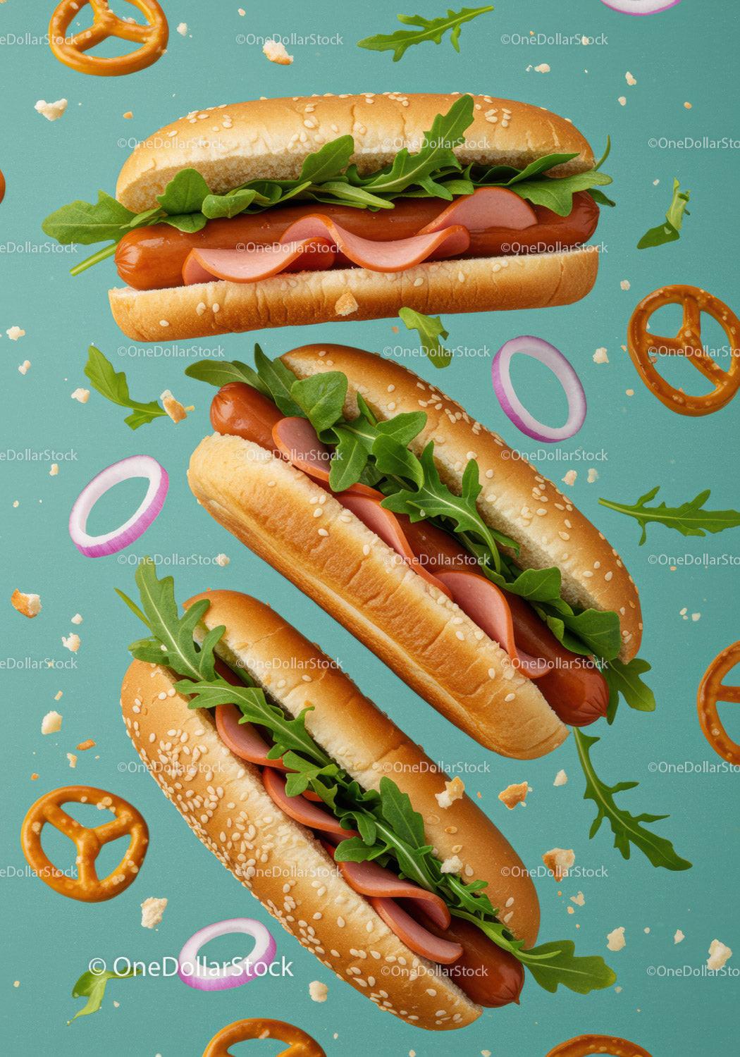 Three Gourmet Hot Dogs with Arugula and Sesame Buns