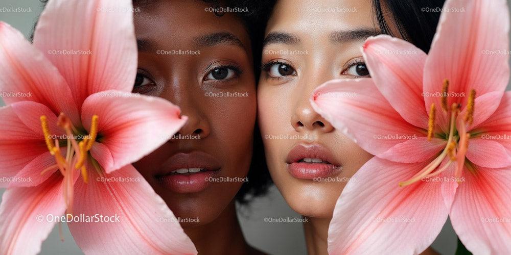 Two Women Framed by Delicate Pink Lilies Stock Photo Bundle preview 15