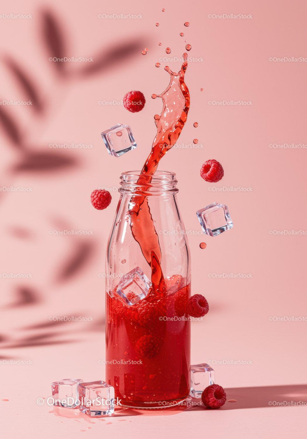 Refreshing raspberry juice with splashing liquid and ice cubes