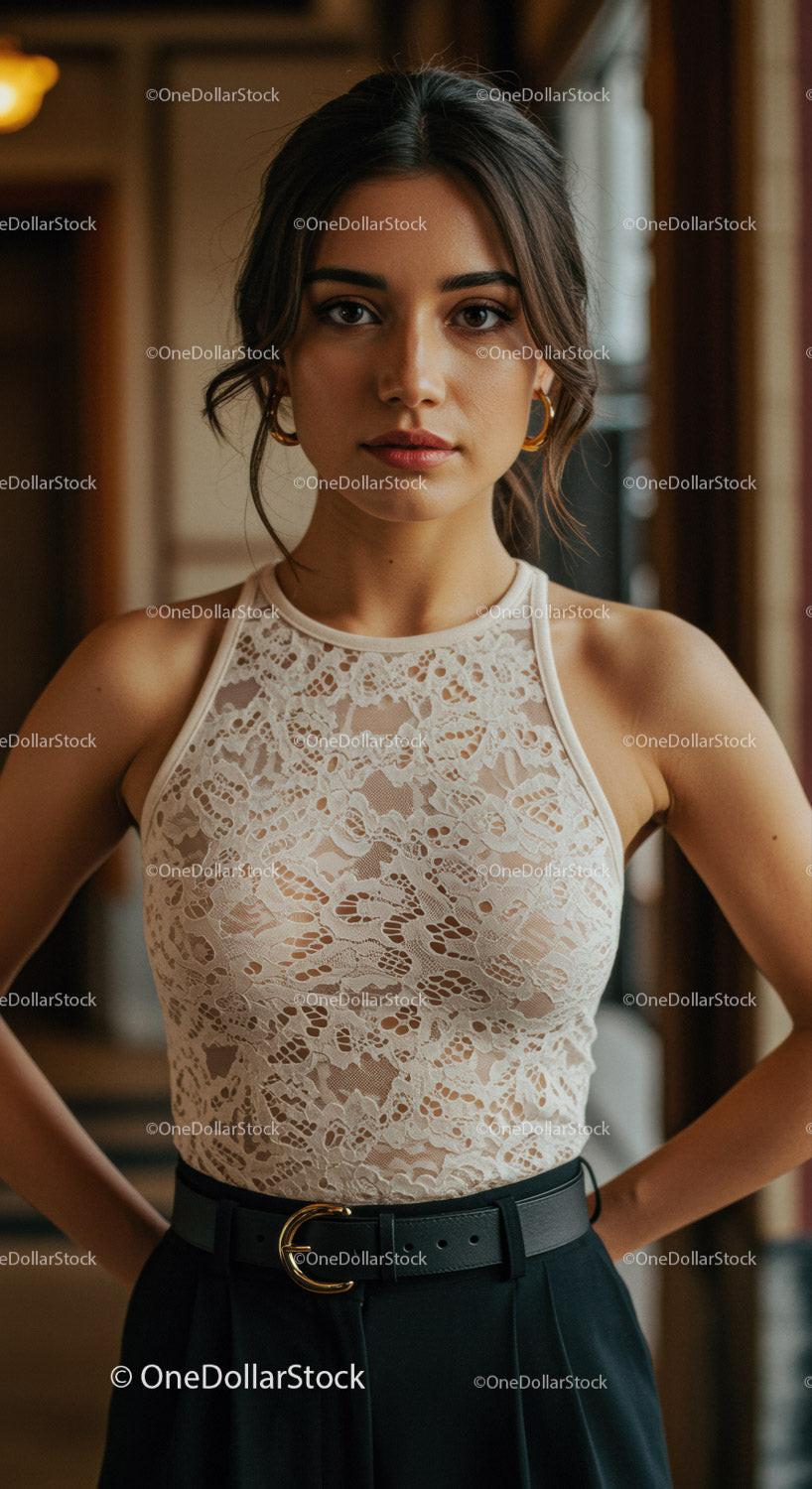 Stylish Young Woman Wearing Lace Top and Earrings Indoor Portrait