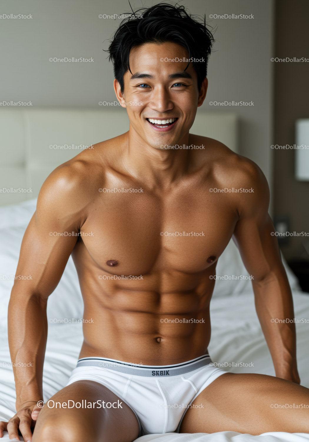 Smiling muscular man sitting on bed in white briefs