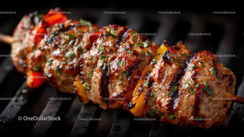 Juicy Grilled Meat Skewers with Charred Edges on Open Flame Stock Photo Bundle preview 5