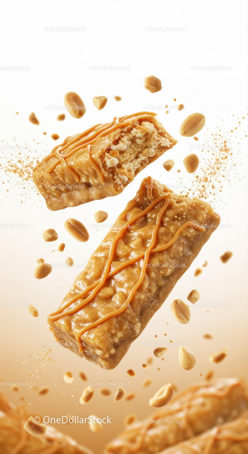 Crunchy peanut caramel energy bars with scattered peanuts