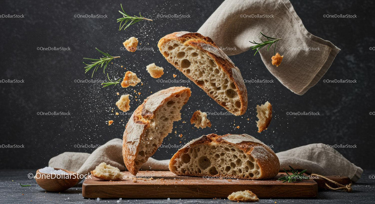 Fresh artisan bread breaking apart with herbs and flour