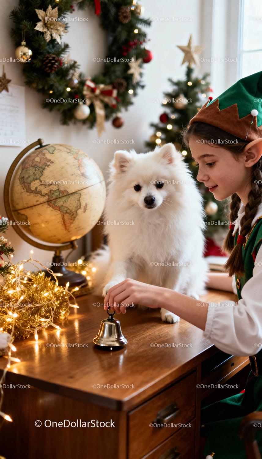 Girl in Elf Costume Ringing Bell with Fluffy White Dog