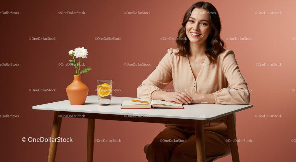 Cheerful Woman Writing at a Table with Flowers and Drinks Stock Photo Bundle preview 9