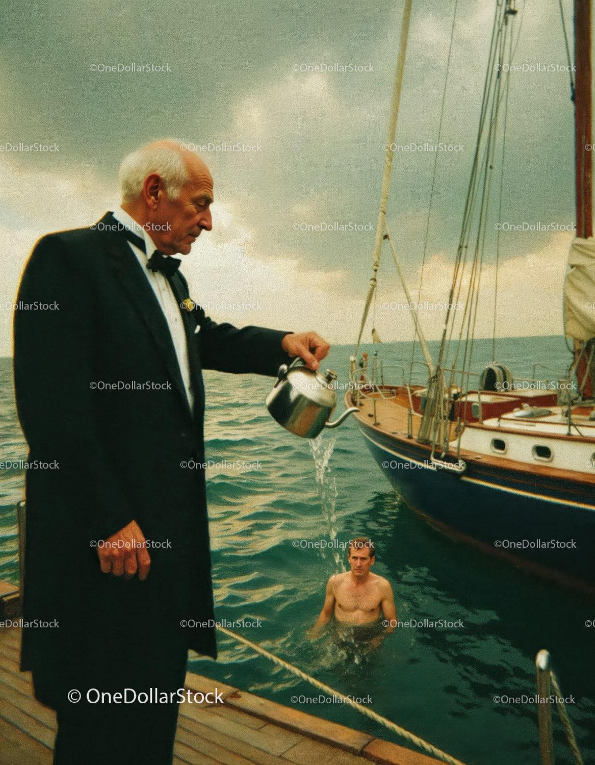 Elderly Man in Tuxedo and Young Man Swimming Near Sailboat