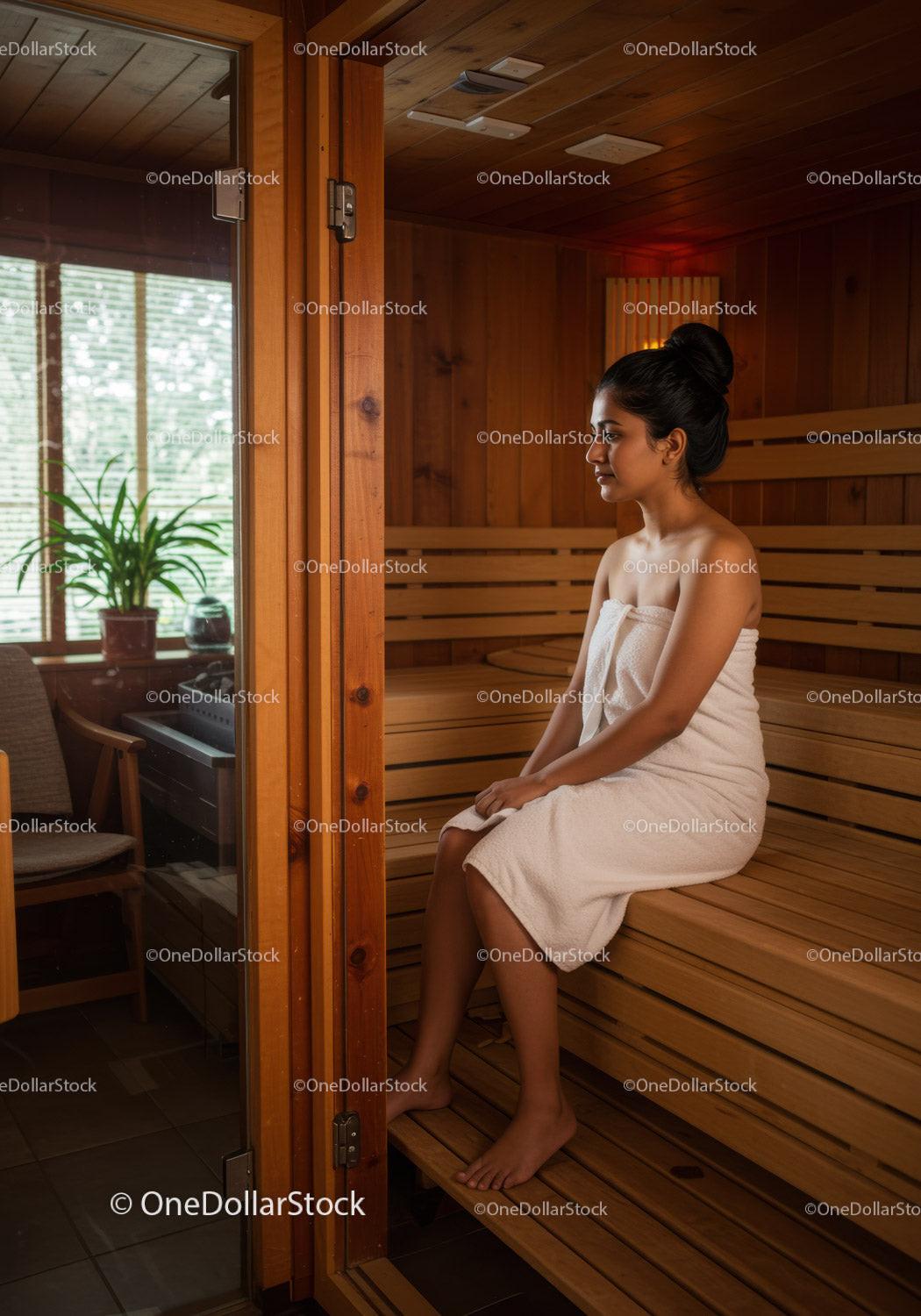 Relaxing Woman Sitting in Sauna Cabin with Wooden Interior
