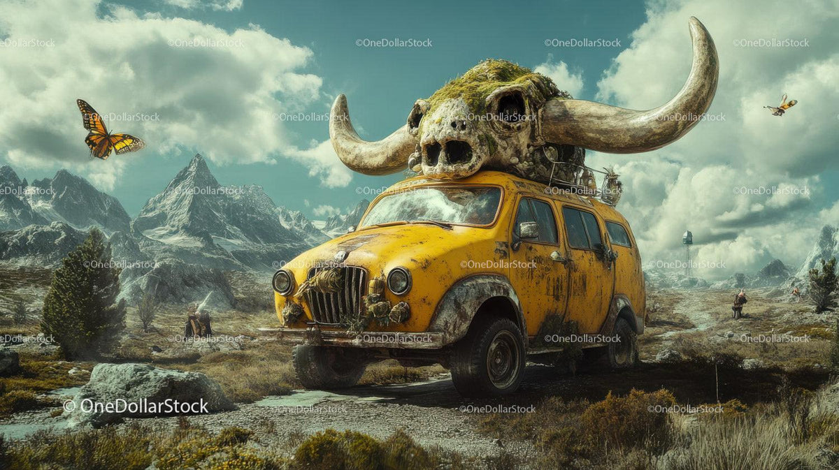 Rusty yellow vintage car with large horned skull sculpture on roof in grassy mountain landscape
