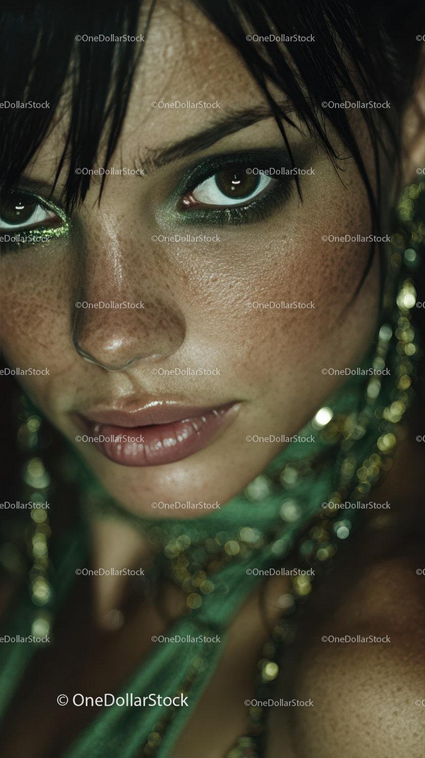 Close-up of a Woman with Freckles and Green Eye Makeup