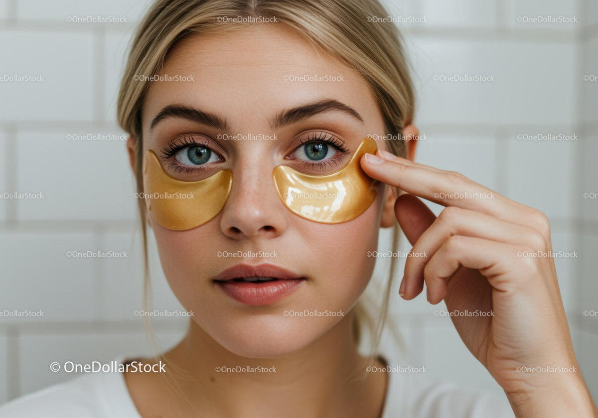 Young woman applying gold under-eye patches for skincare and relaxation