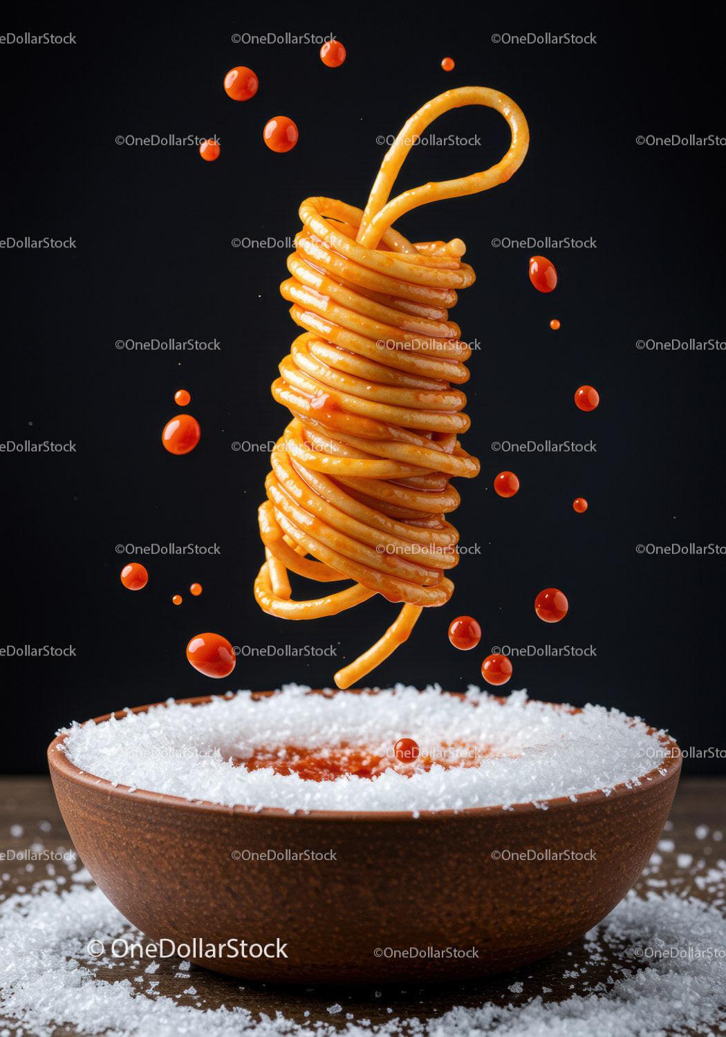 Spiral Pasta Hovering Over Salt Rimmed Sauce Bowl
