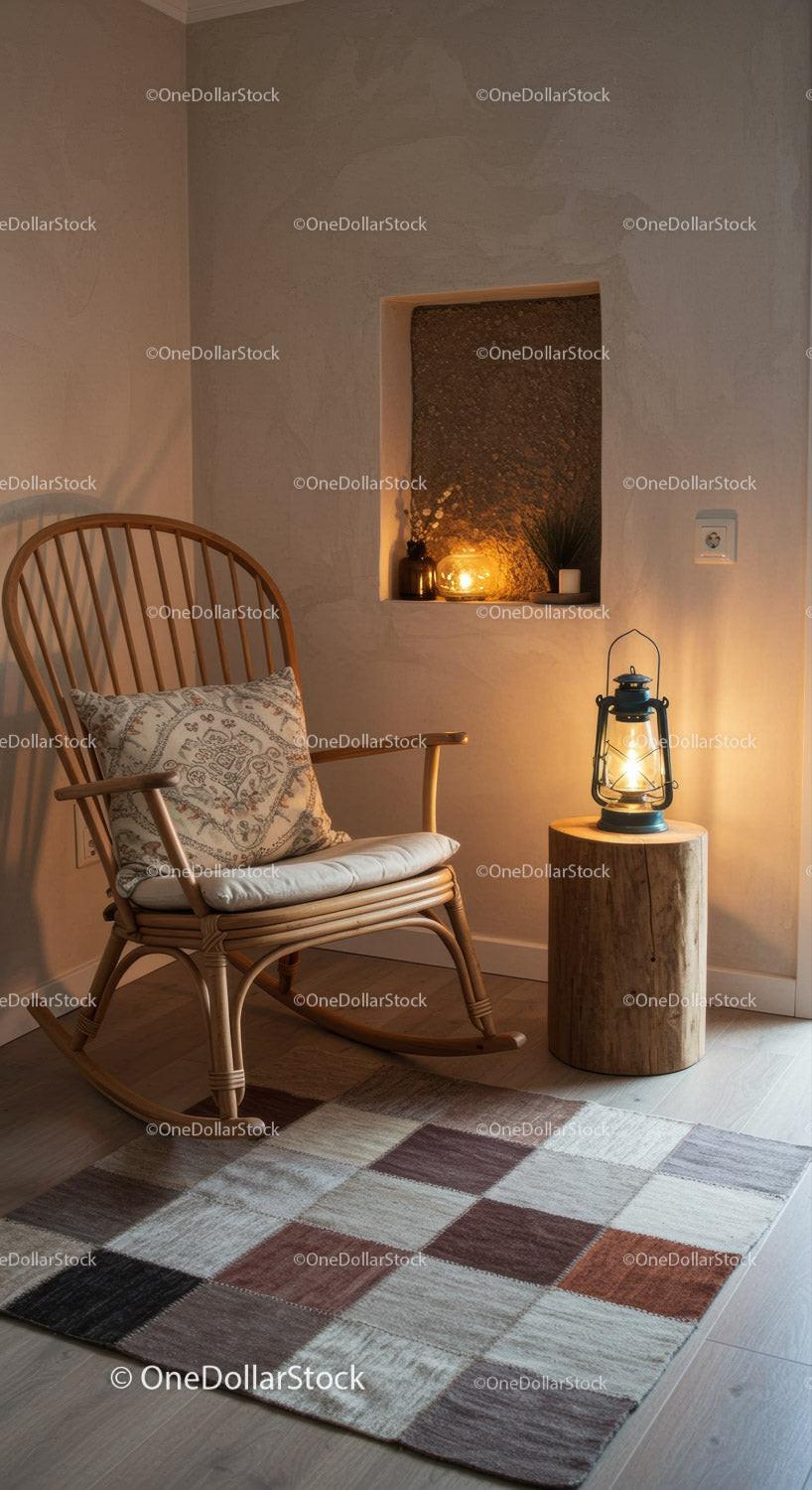 Cozy corner with rocking chair and warm lantern light