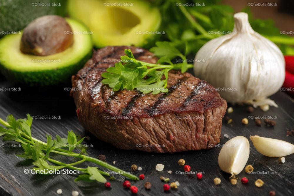 Juicy Grilled Steak with Fresh Avocado and Garlic on Rustic Board Stock Photo Bundle preview 33