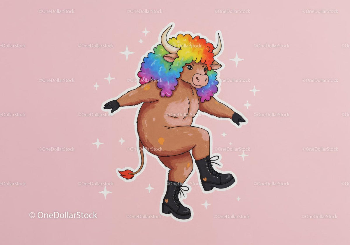 Colorful Cartoon Bull with Rainbow Hair in Funky Streetwear Stock Photo Bundle preview 16