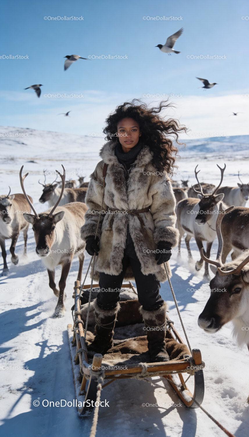 Woman in fur coat standing on sled with reindeer