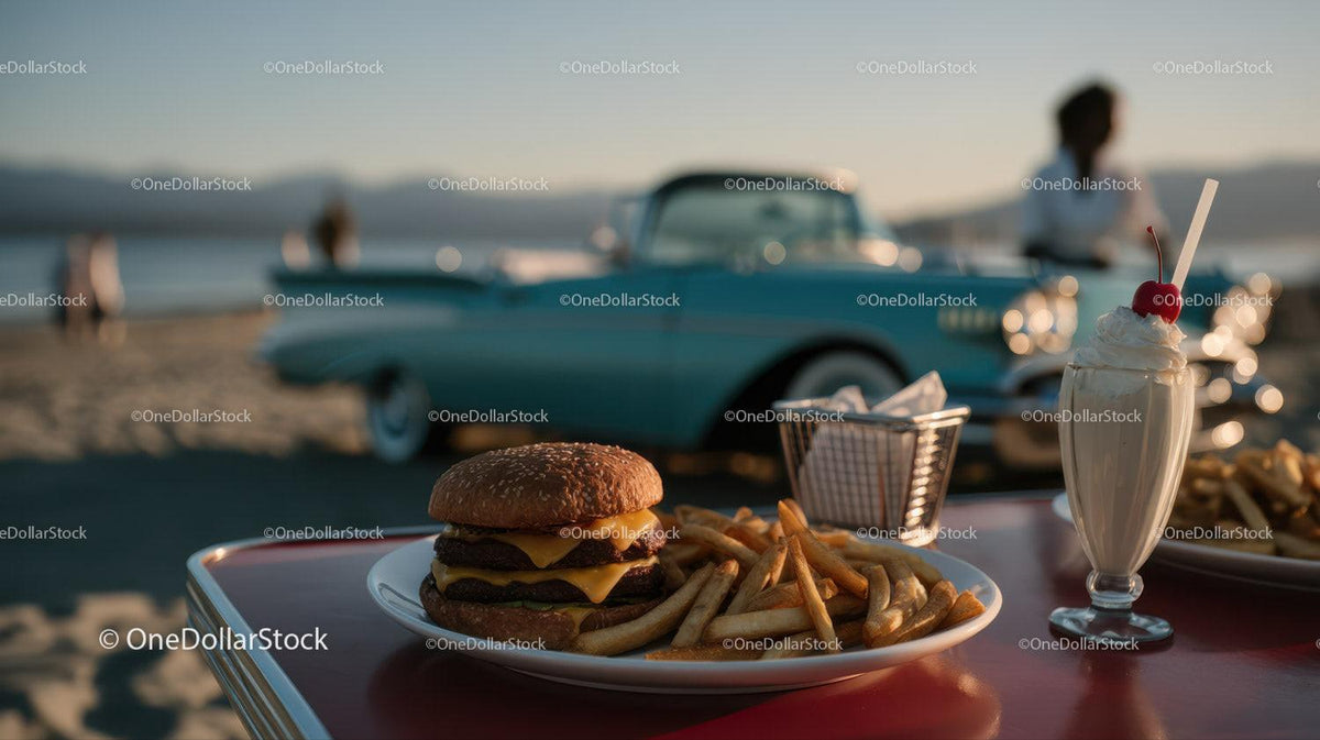 Beachside Cheeseburger French Fries and Milkshake with Classic Car Stock Photo Bundle preview 35