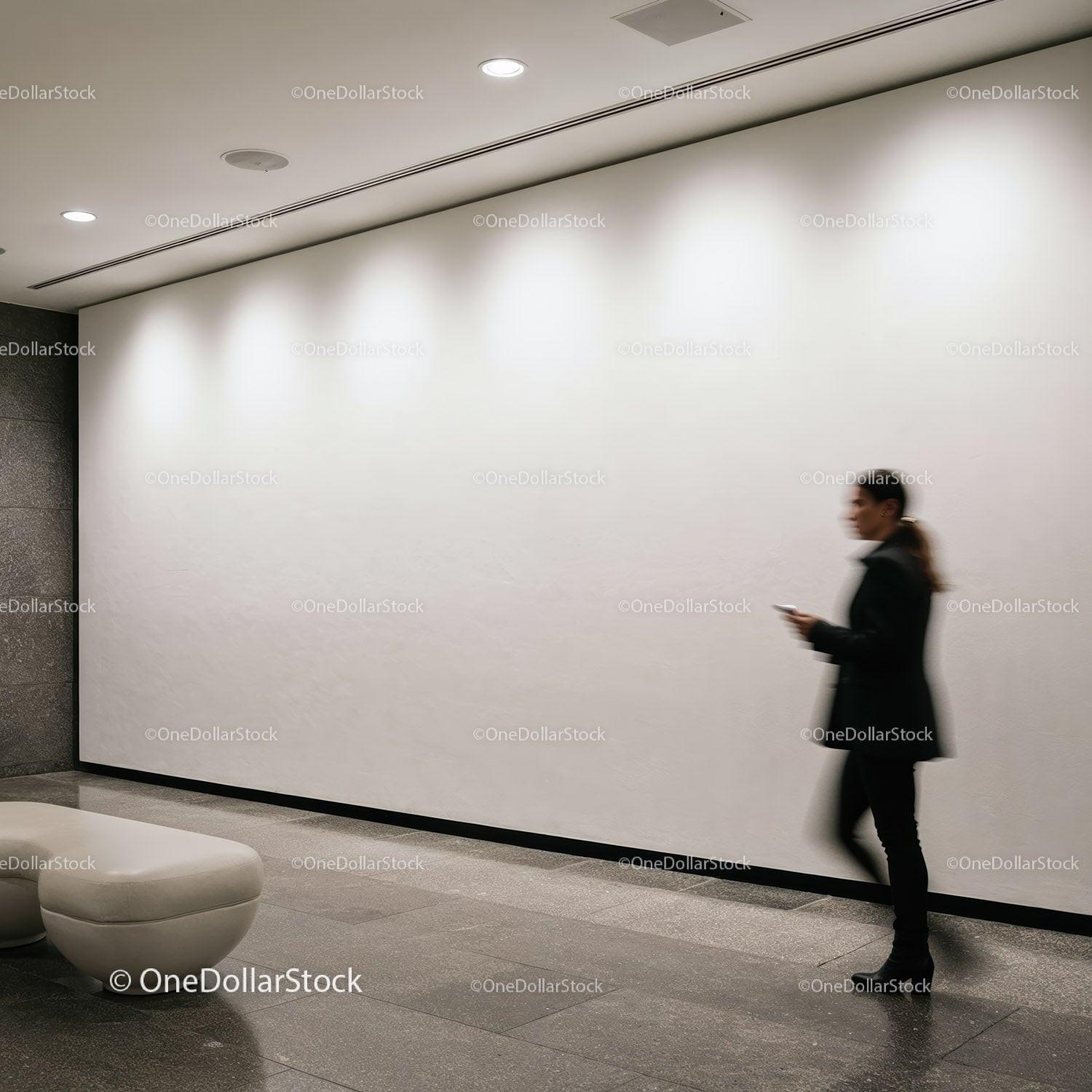 Blurred woman walking in modern minimalistic lobby