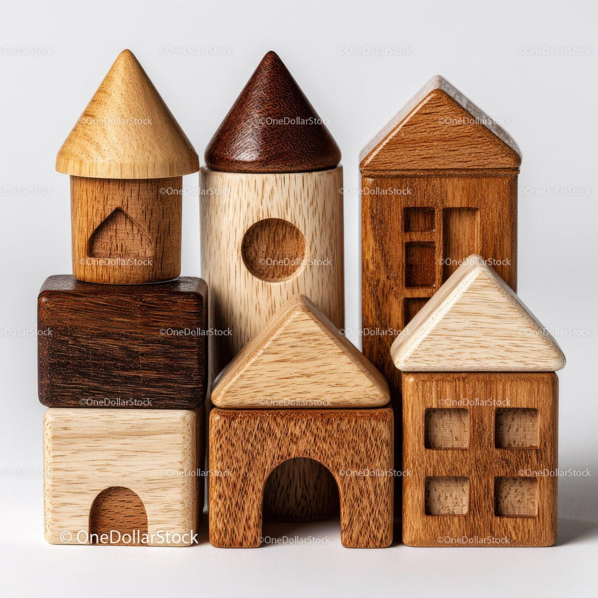 Six wooden toy houses with different roof shapes and window cutouts in natural wood tones