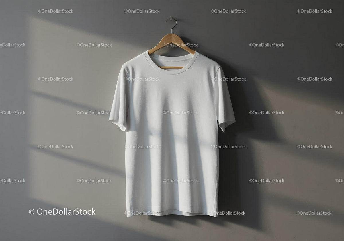 Plain white t-shirt hanging on wooden hanger indoors JPG Mockup Image preview