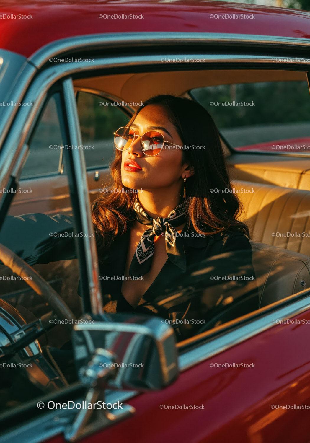 Glamorous Woman in Sunglasses Sitting in Classic Red Car at Sunset