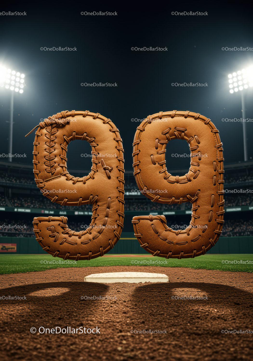Baseball styled numbers 99 on baseball field at night