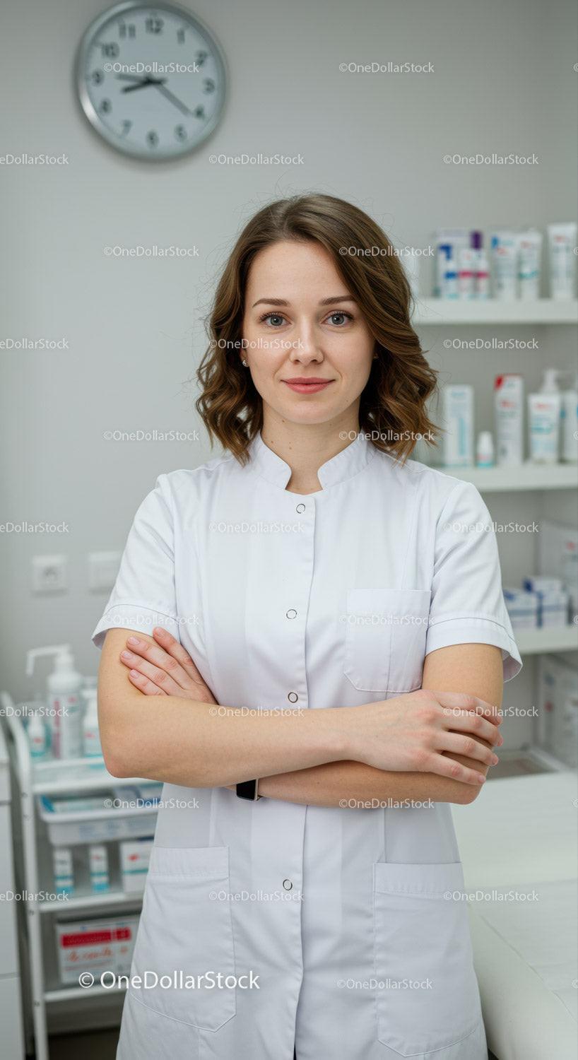 Confident Female Pharmacist Standing in Modern Pharmacy