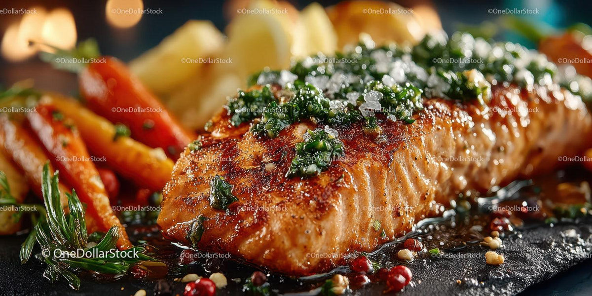 Fresh Grilled Salmon with Vegetables and Herbs on Black Slate