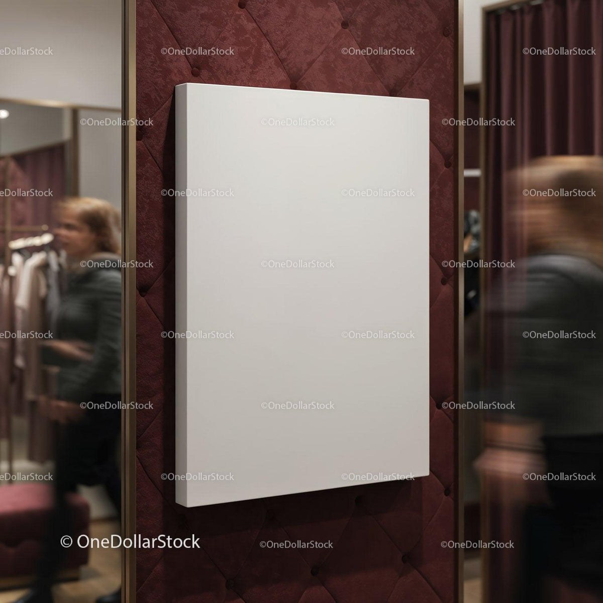 Blank canvas on burgundy wall in fashion boutique JPG Mockup Image preview