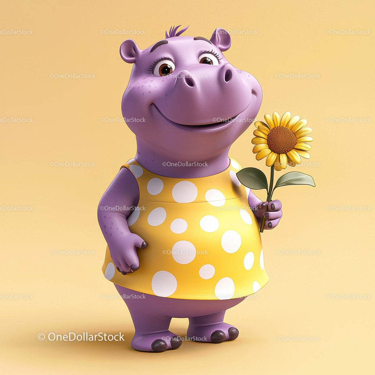 Purple hippopotamus cartoon character in yellow polka dot dress holding a sunflower
