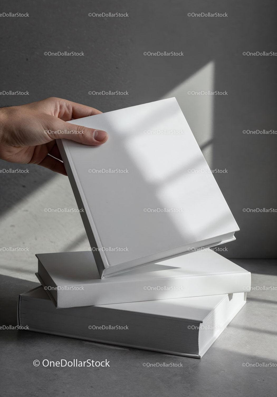 Hand Holding White Book Above Stacked Hardcover Books JPG Mockup Image preview