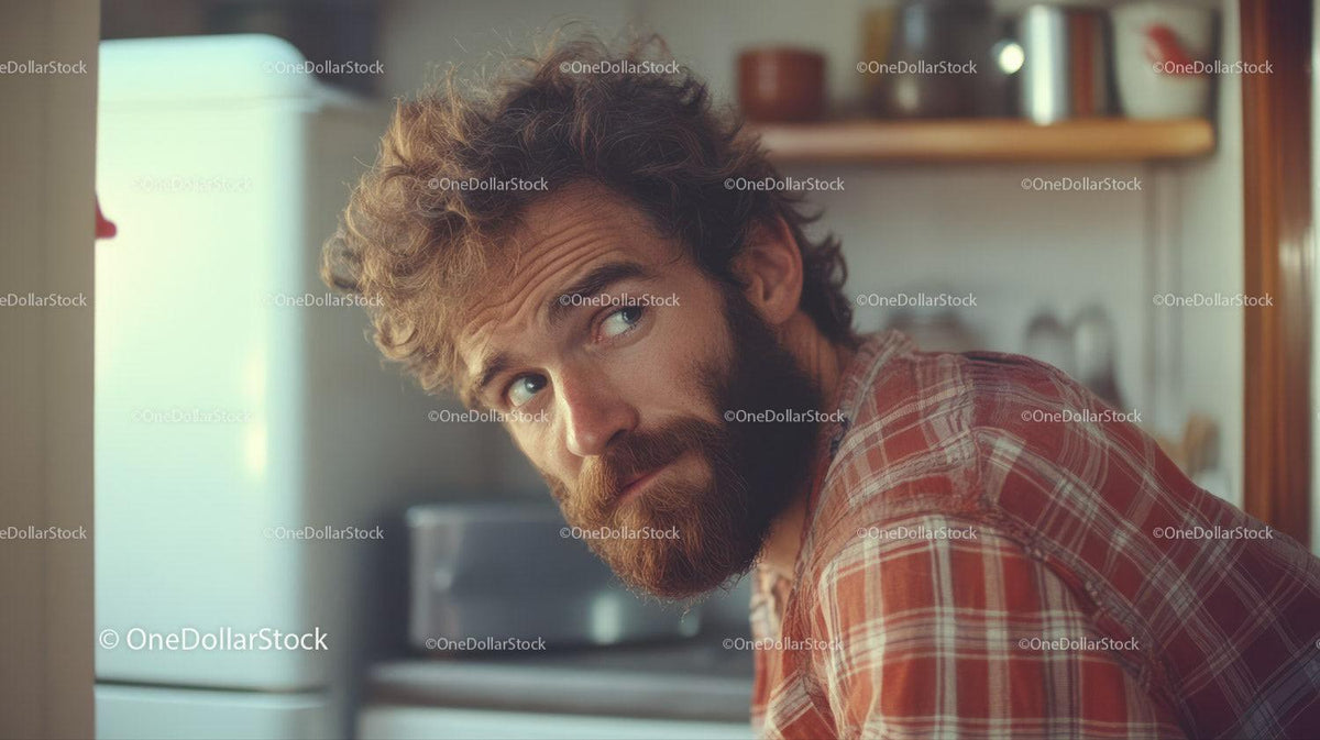 Bearded man in red plaid shirt looking over shoulder indoors with kitchen background