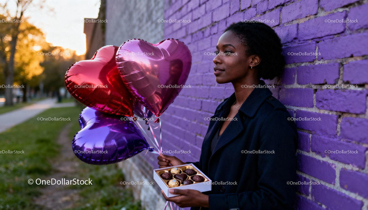 Woman Holding Heart Balloons and Chocolates Outdoors
